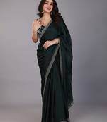 Green stonework embellished beads border satin saree with unstitched blouse
