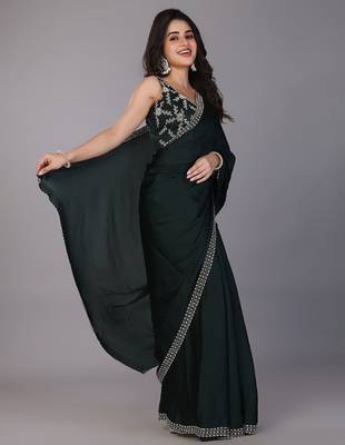 Green stonework embellished beads border satin saree with unstitched blouse 2