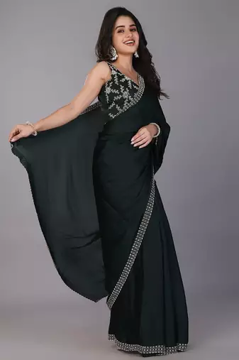 Green stonework embellished beads border satin saree with unstitched blouse