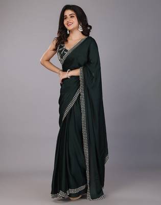 Green stonework embellished beads border satin saree with unstitched blouse 3
