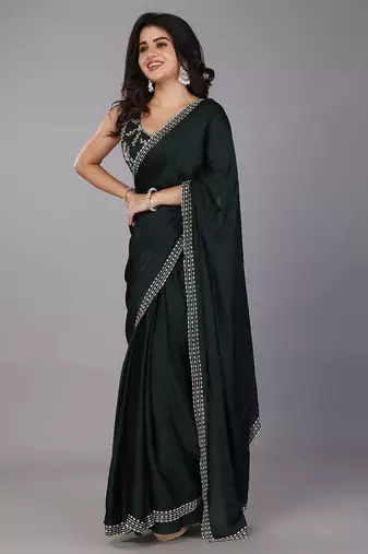 Green stonework embellished beads border satin saree with unstitched blouse