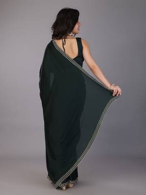 Green stonework embellished beads border satin saree with unstitched blouse 4