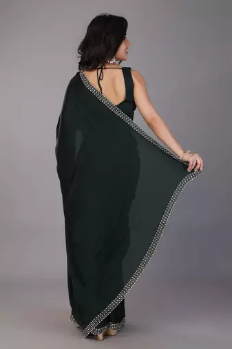 Green stonework embellished beads border satin saree with unstitched blouse