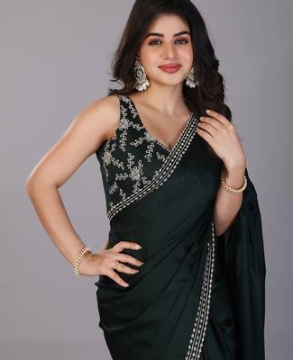 Green stonework embellished beads border satin saree with unstitched blouse 5