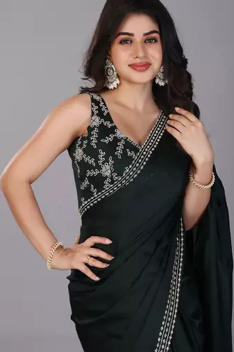 Green stonework embellished beads border satin saree with unstitched blouse