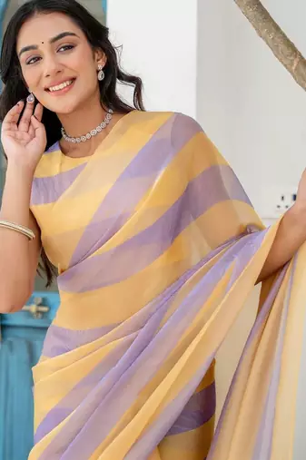 Multicolor striped beads and stones organza saree