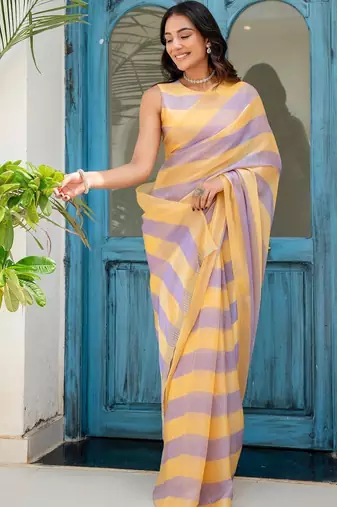 Multicolor striped beads and stones organza saree