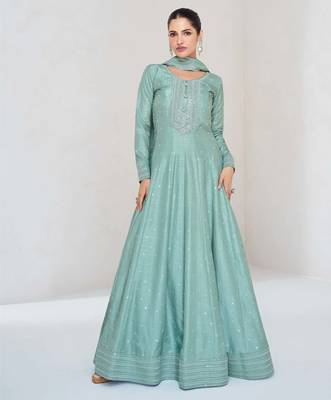 Sage silk blend readymade anarkali suit with embroidery work 1
