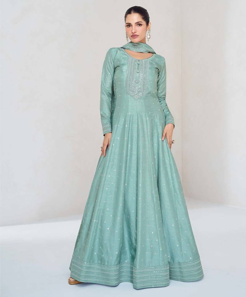 Sage silk blend readymade anarkali suit with embroidery work