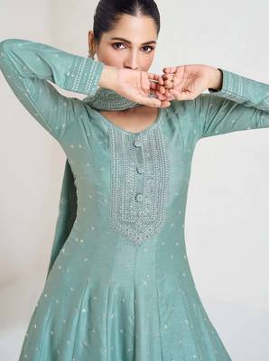 Sage silk blend readymade anarkali suit with embroidery work 2