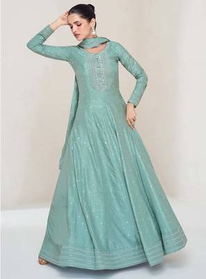 Sage silk blend readymade anarkali suit with embroidery work 3