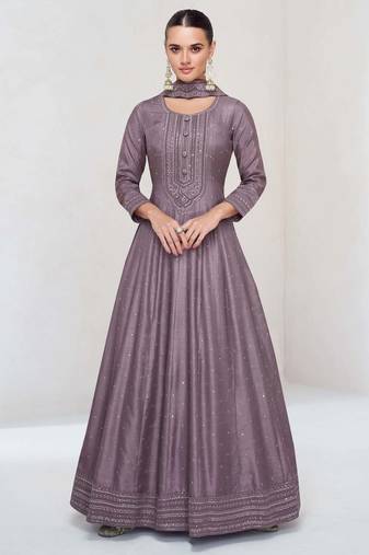 Mauve silk blend readymade anarkali suit with embroidery work