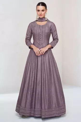 Mauve silk blend readymade anarkali suit with embroidery work