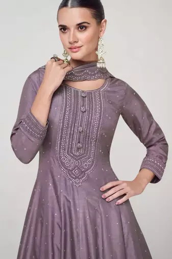 Mauve silk blend readymade anarkali suit with embroidery work