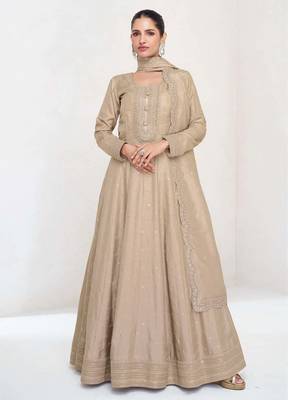 Beige silk blend readymade anarkali suit with embroidery work 1