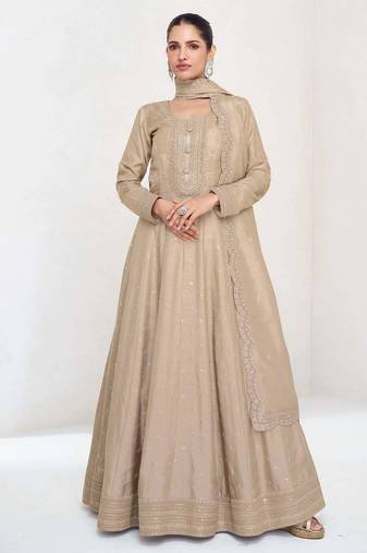 Beige silk blend readymade anarkali suit with embroidery work