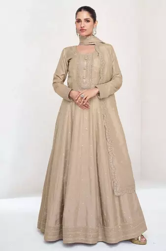 Beige silk blend readymade anarkali suit with embroidery work