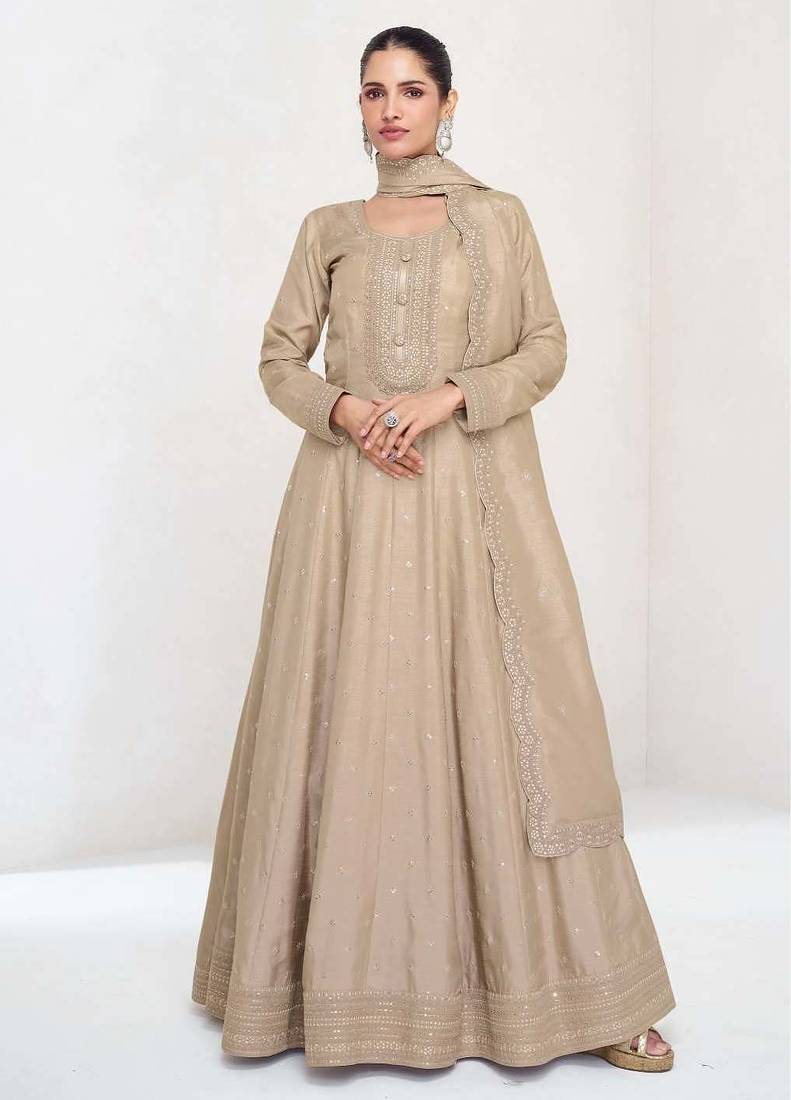 Beige silk blend readymade anarkali suit with embroidery work