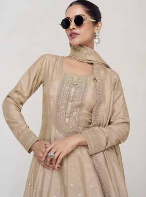 Beige silk blend readymade anarkali suit with embroidery work 2