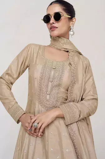 Beige silk blend readymade anarkali suit with embroidery work