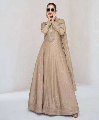 Beige silk blend readymade anarkali suit with embroidery work 3