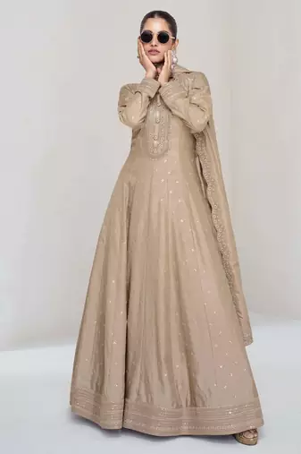 Beige silk blend readymade anarkali suit with embroidery work