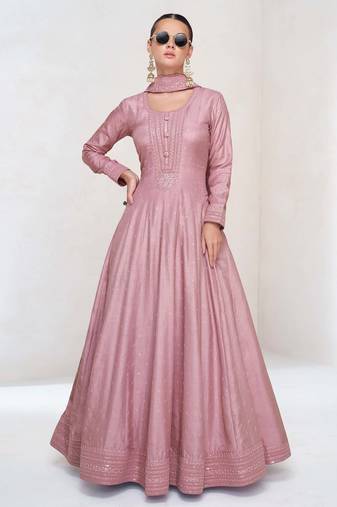 Pink silk blend readymade anarkali suit with embroidery work