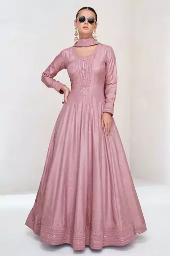 Pink silk blend readymade anarkali suit with embroidery work