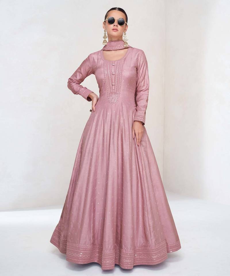 Pink silk blend readymade anarkali suit with embroidery work
