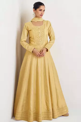 Yellow silk blend readymade anarkali suit with embroidery work