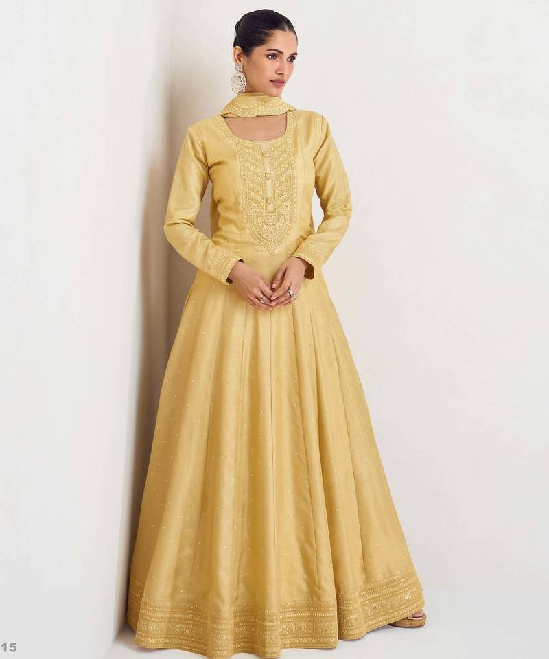 Yellow silk blend readymade anarkali suit with embroidery work