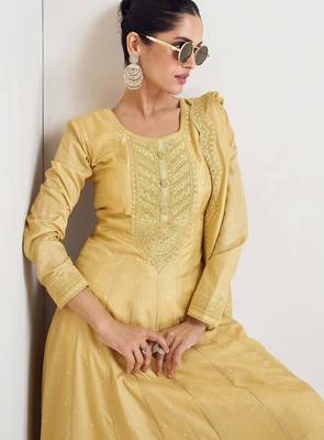 Yellow silk blend readymade anarkali suit with embroidery work 2