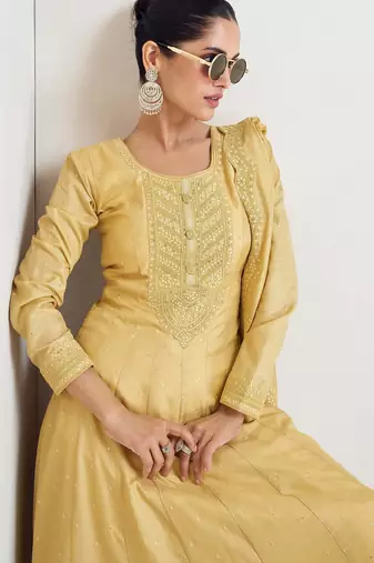 Yellow silk blend readymade anarkali suit with embroidery work