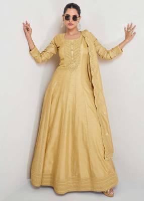 Yellow silk blend readymade anarkali suit with embroidery work 3