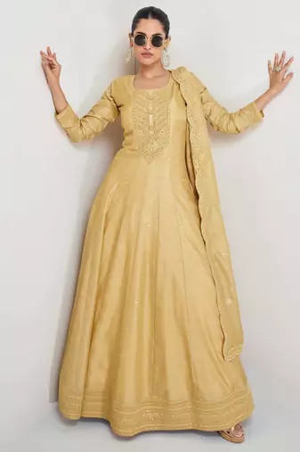 Yellow silk blend readymade anarkali suit with embroidery work