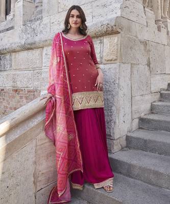 Magenta shimmer readymade suit with embroidery work 1