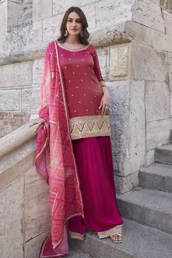 Magenta shimmer readymade suit with embroidery work