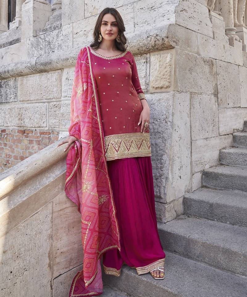 Magenta shimmer readymade suit with embroidery work