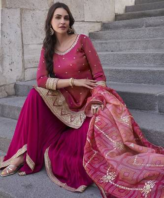 Magenta shimmer readymade suit with embroidery work 3