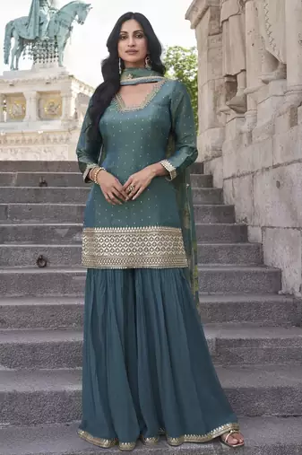 Teal shimmer readymade suit with embroidery work