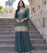 Teal shimmer readymade suit with embroidery work