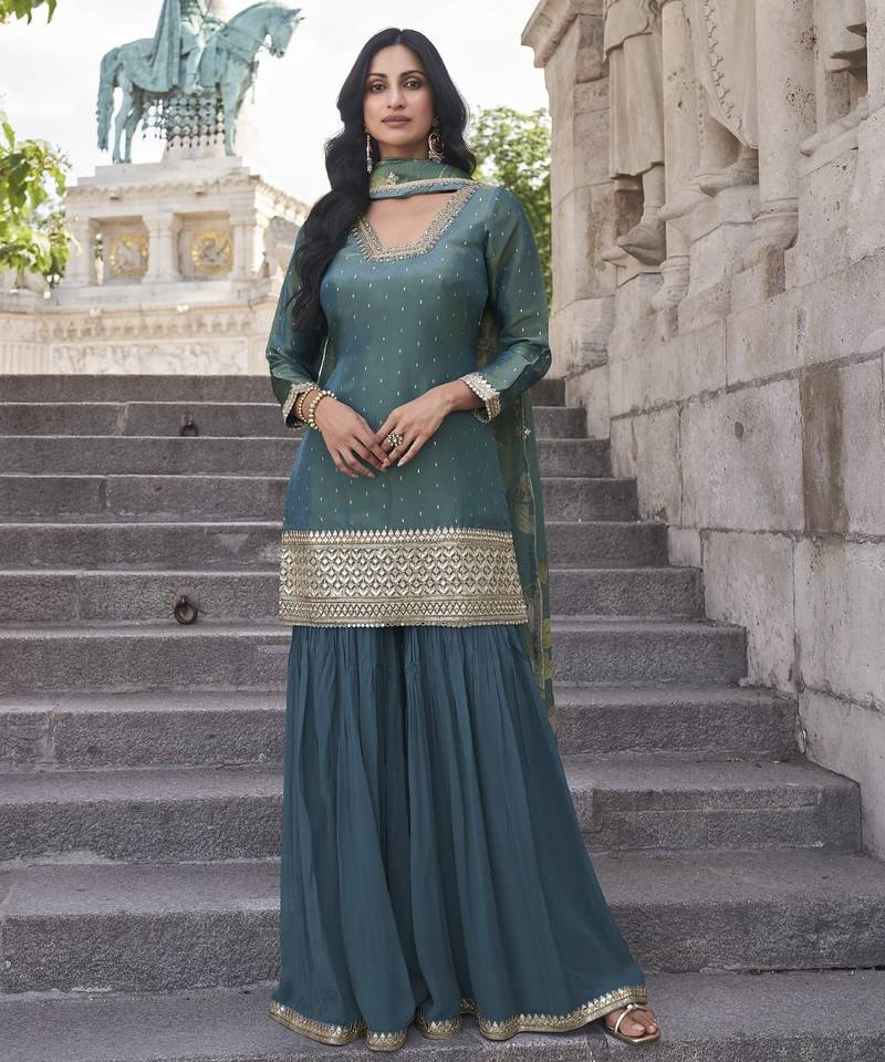 Teal shimmer readymade suit with embroidery work
