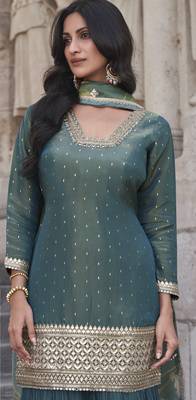 Teal shimmer readymade suit with embroidery work 2