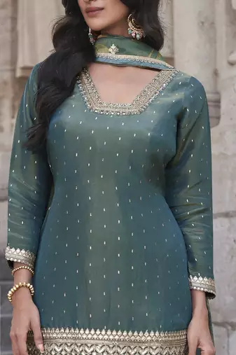 Teal shimmer readymade suit with embroidery work