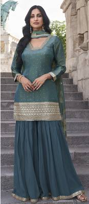 Teal shimmer readymade suit with embroidery work 3