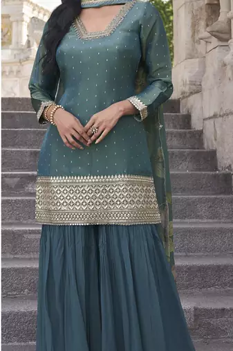 Teal shimmer readymade suit with embroidery work