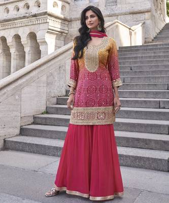 Rani&mustard shimmer readymade suit with embroidery work 1