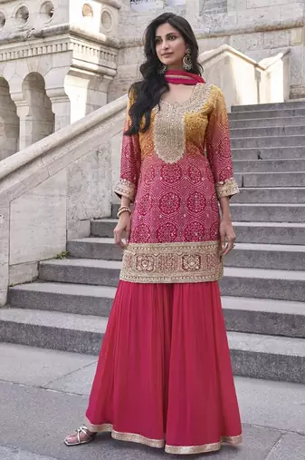 Rani&mustard shimmer readymade suit with embroidery work