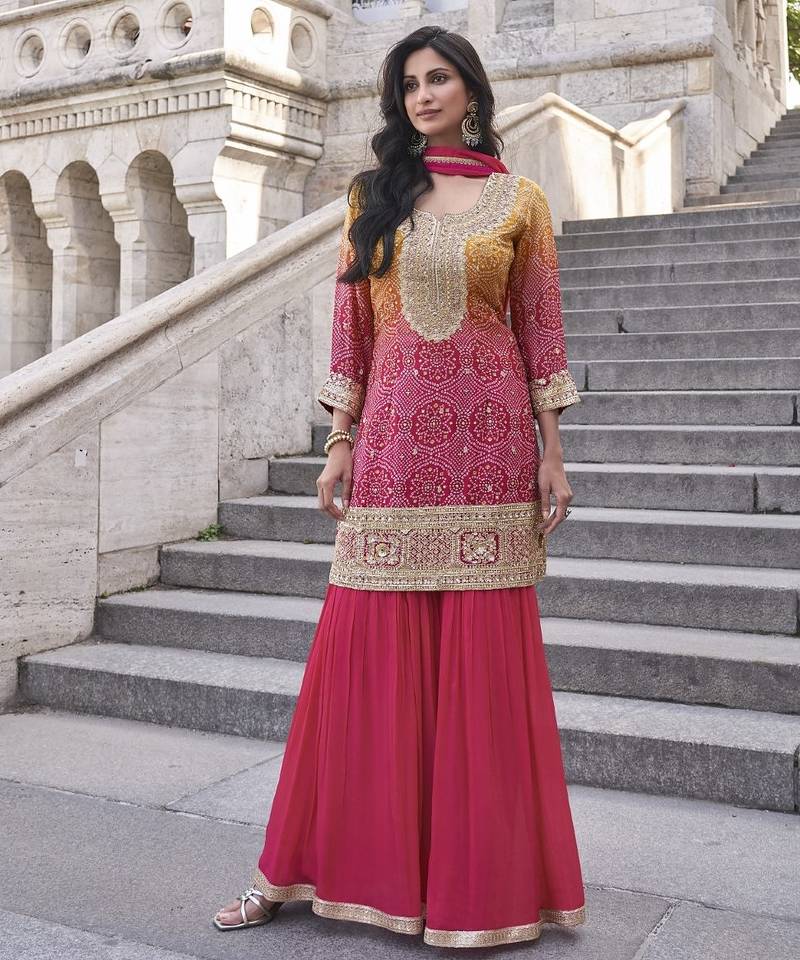 Rani&mustard shimmer readymade suit with embroidery work