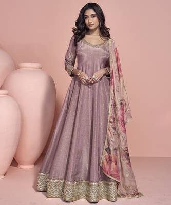 lavender viscose readymade anarkali suit with embroidery work 1